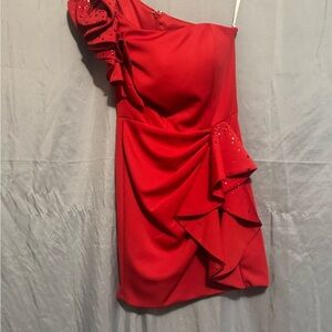 Chic One-Shoulder Red Dress with Ruffle Detail